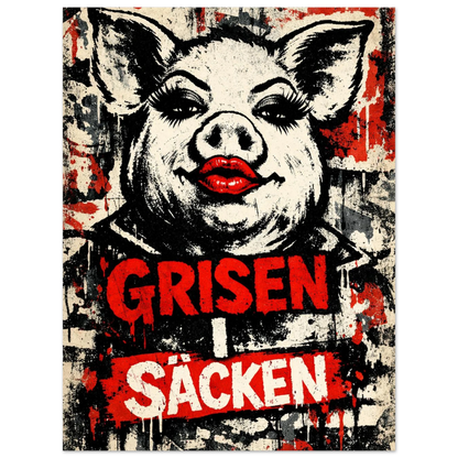 Svartvit gris med knallröda läppar mot en sliten bakgrund med grafisk text – Retro poster
