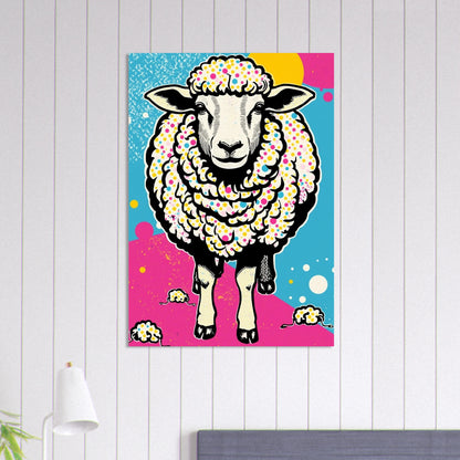 Färgglad pop art-fårposter upphängd på vit spåntapet i inredd miljö – Tecknad poster