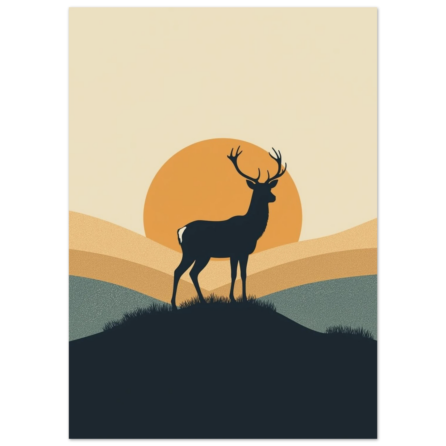 Minimalistisk illustration av hjort i skymning med dämpade gröna kullar
