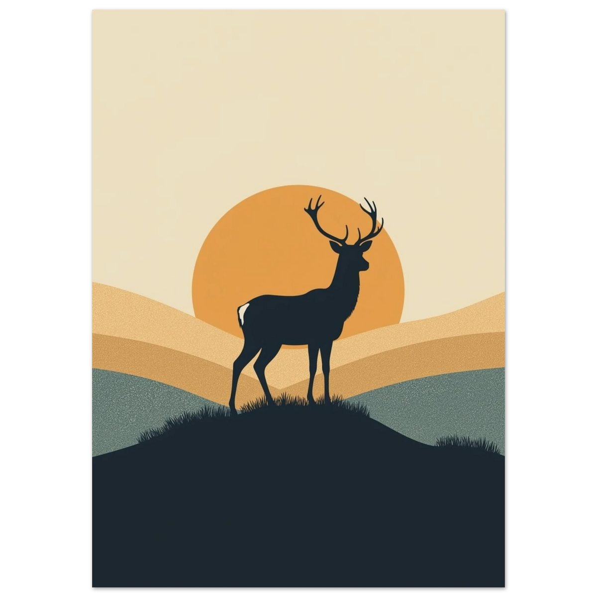 Minimalistisk illustration av hjort i skymning med dämpade gröna kullar