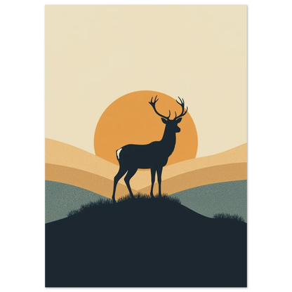 Minimalistisk illustration av hjort i skymning med dämpade gröna kullar