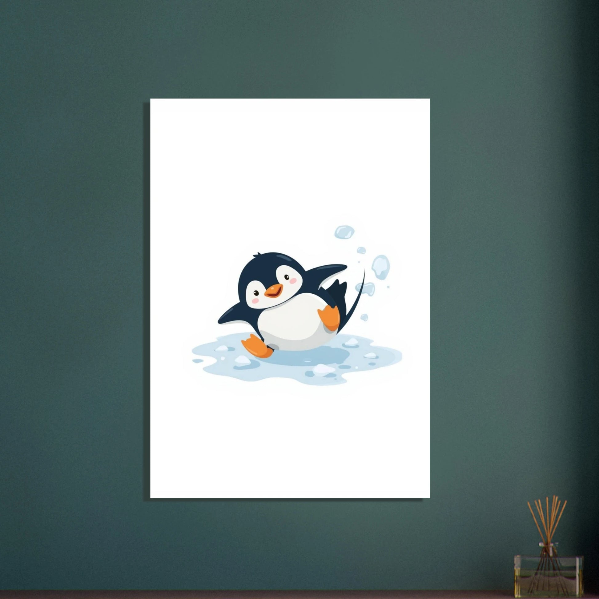 Lekfull pingvin som halkar på isen, tecknad illustration