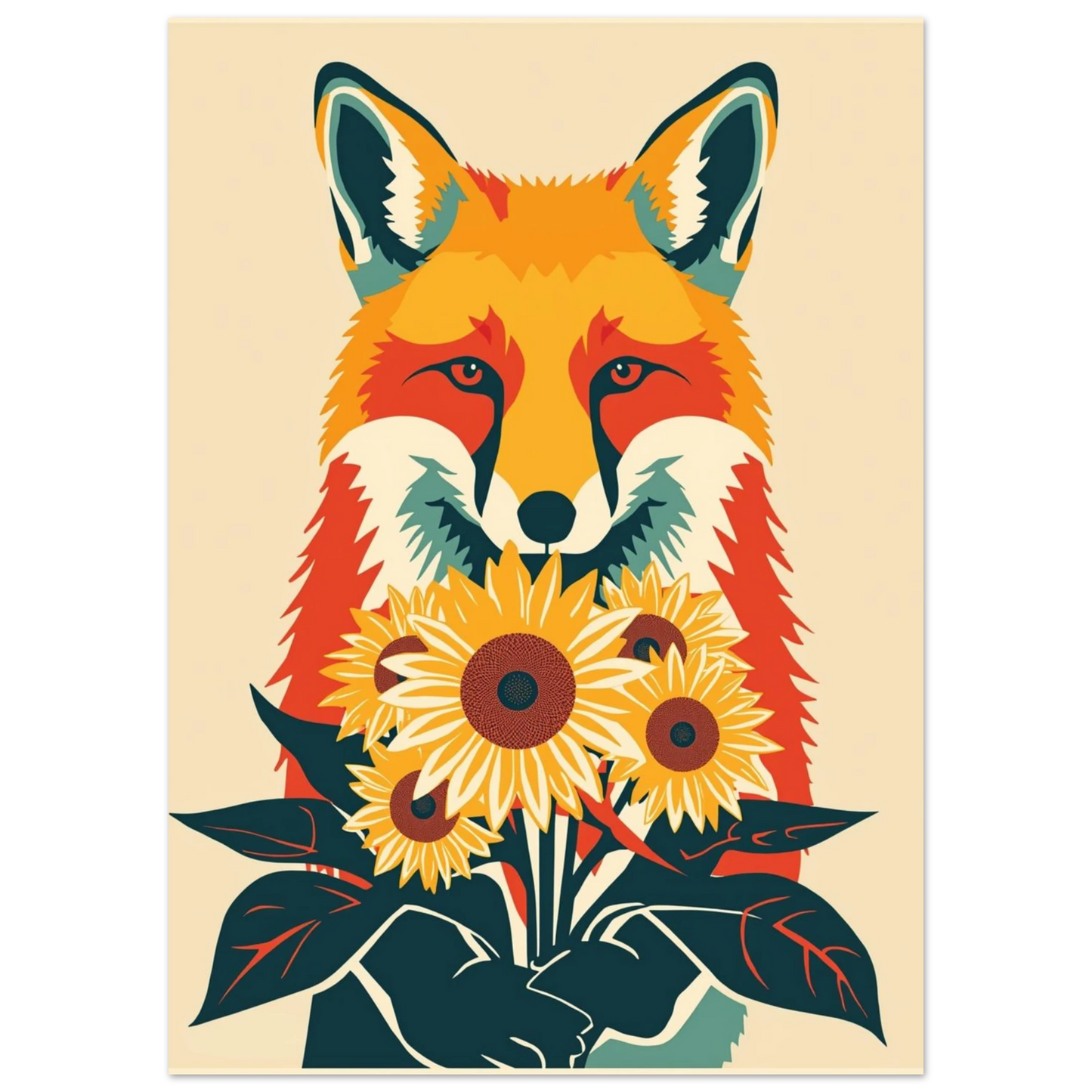 Illustration av räv som håller blommor i varma orangea toner