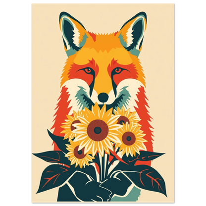 Illustration av räv som håller blommor i varma orangea toner