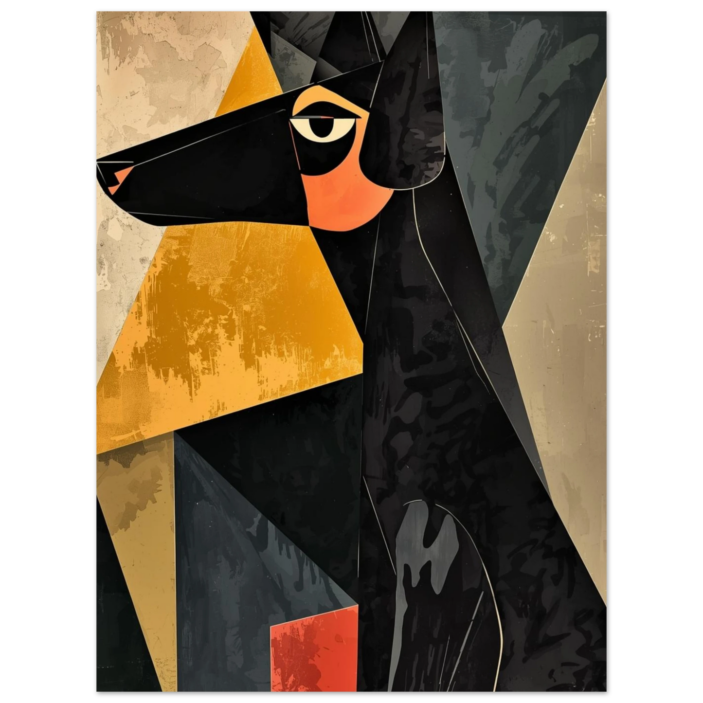 Grafiskt hundmotiv med varma orangea toner och svarta fält i abstraktion