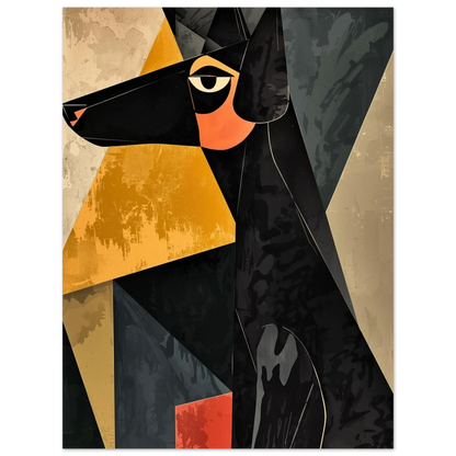 Grafiskt hundmotiv med varma orangea toner och svarta fält i abstraktion