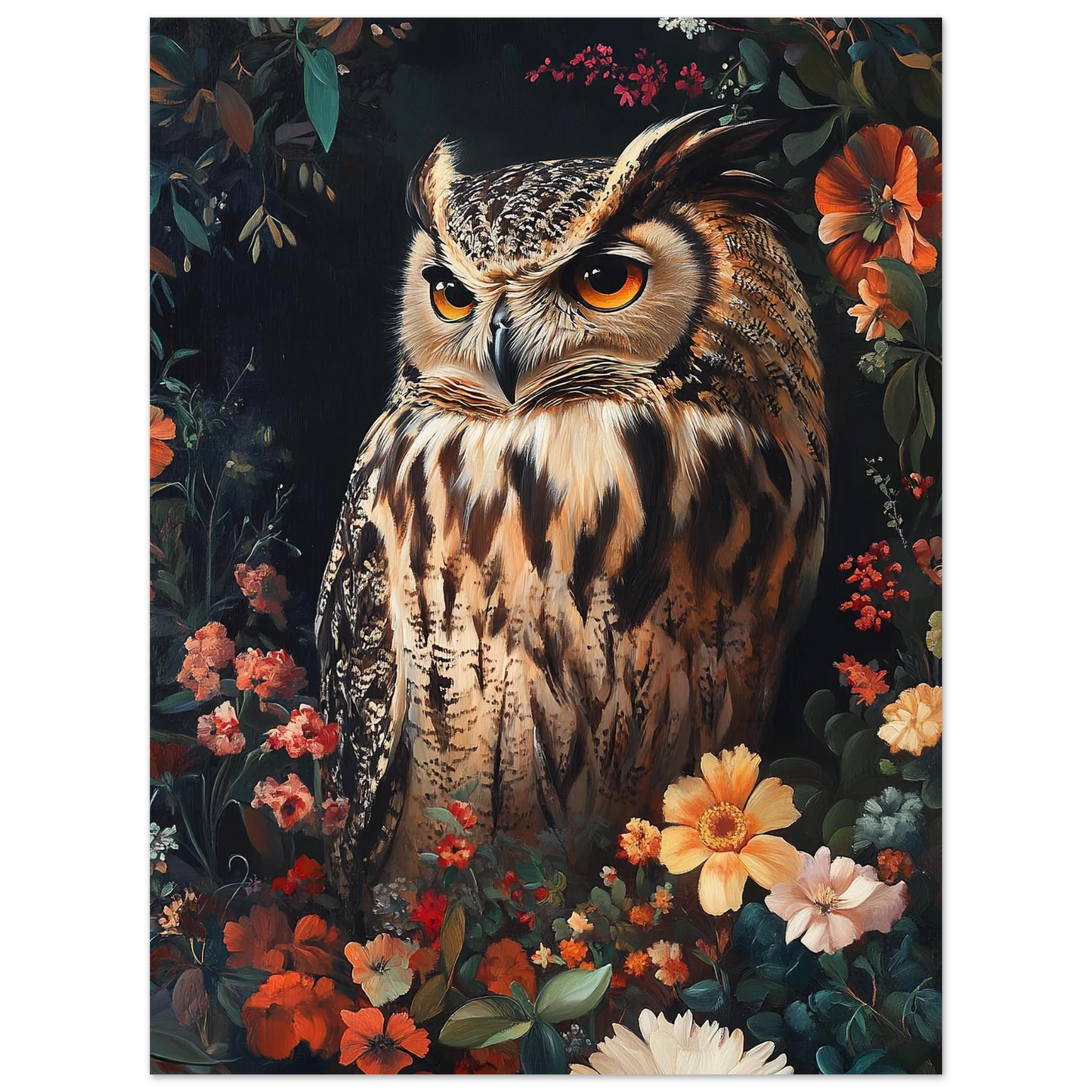 Närbild på uggla bland botaniska illustrationer i varma toner
