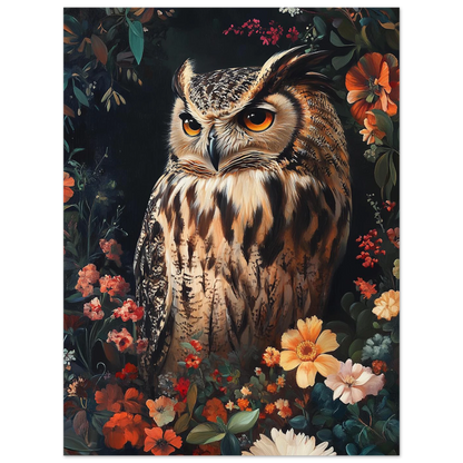 Närbild på uggla bland botaniska illustrationer i varma toner