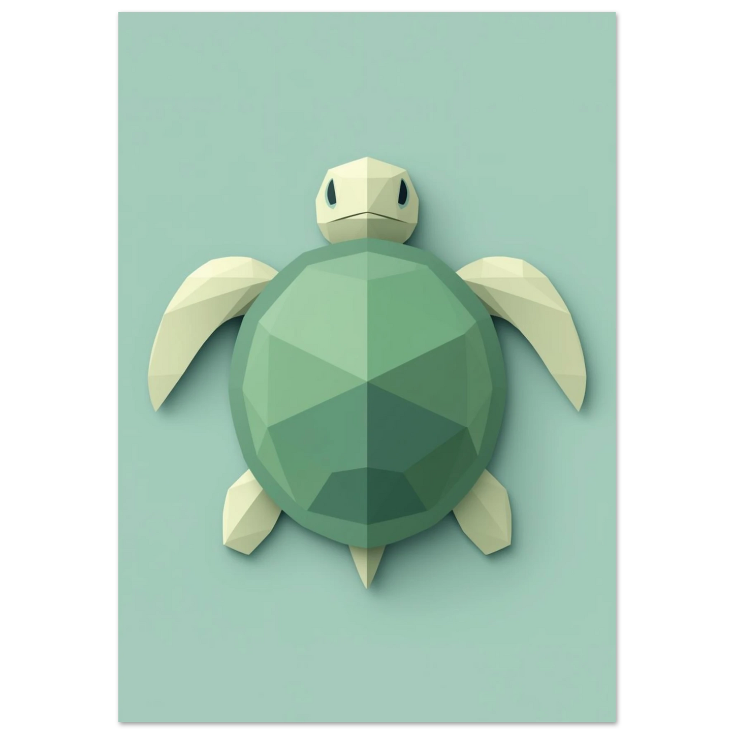 Grön sköldpadda i geometrisk low-poly stil på mintgrön bakgrund