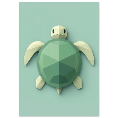 Grön sköldpadda i geometrisk low-poly stil på mintgrön bakgrund