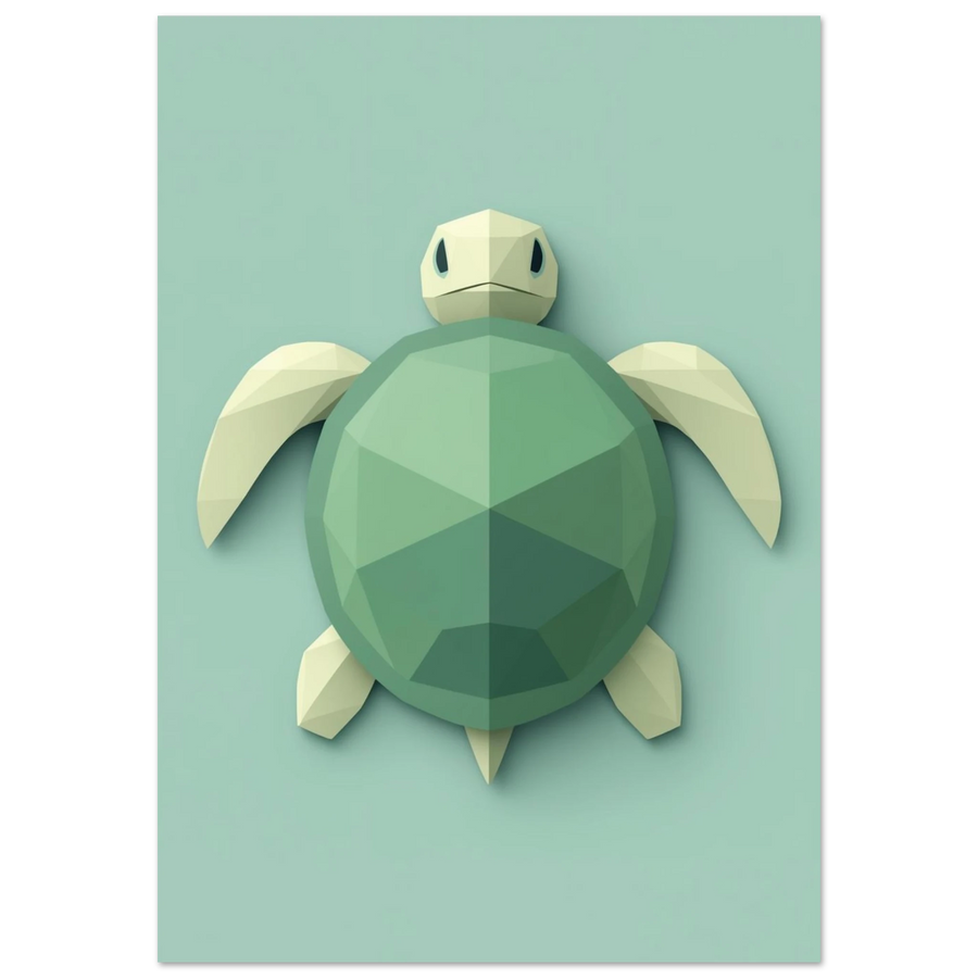 Grön sköldpadda i geometrisk low-poly stil på mintgrön bakgrund