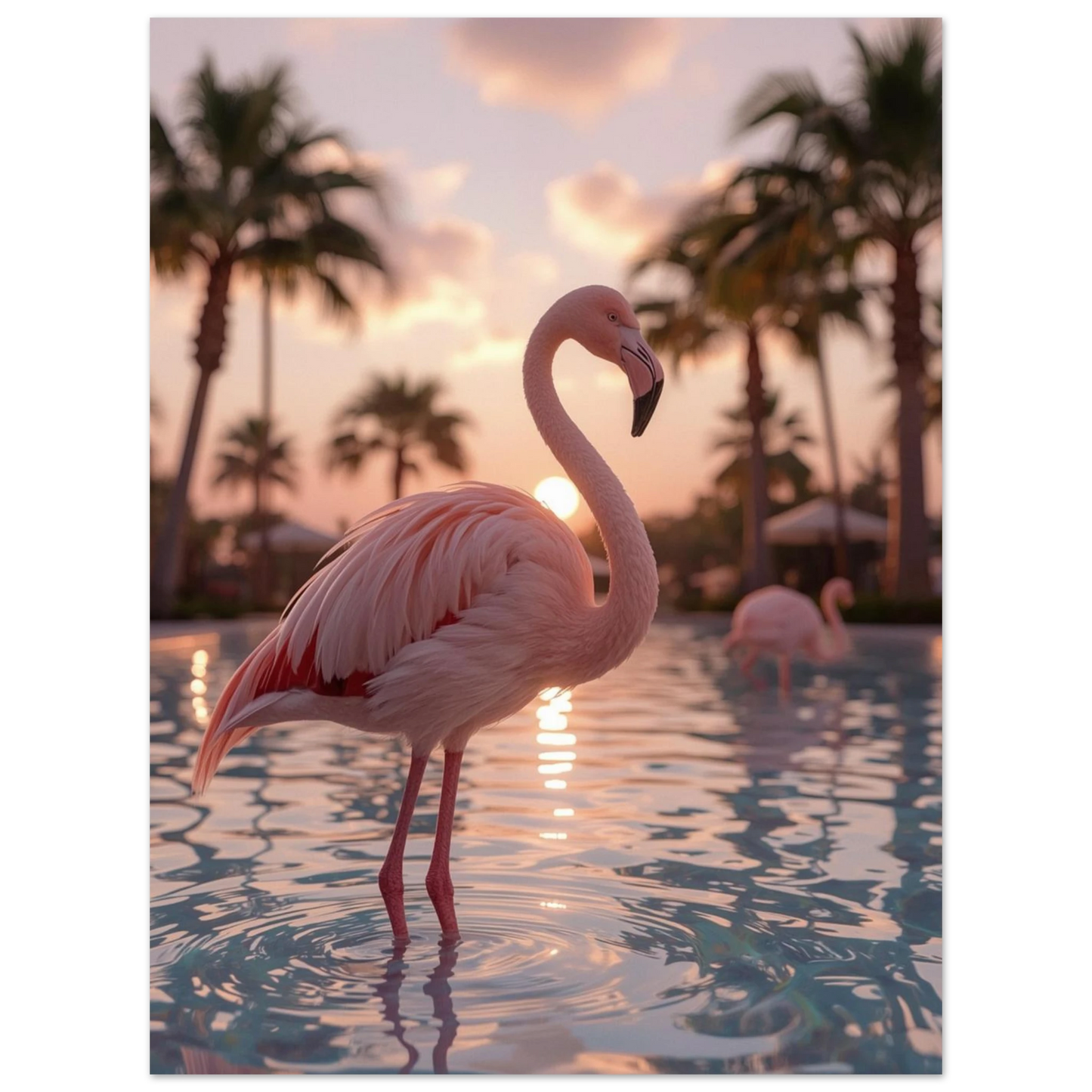 Stämningsfullt fotografi av en flamingo i varmt motljus och mjuka färger