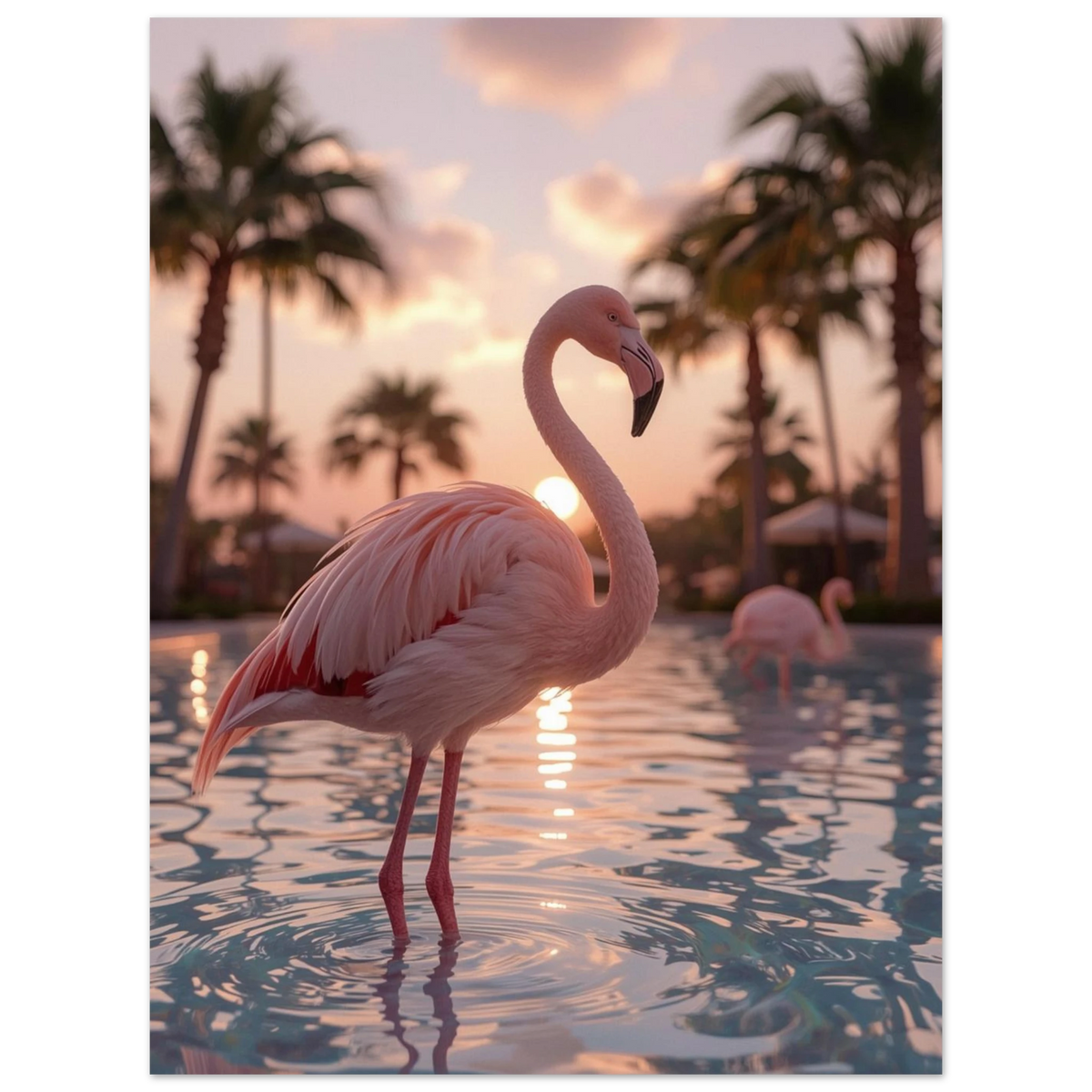 Stämningsfullt fotografi av en flamingo i varmt motljus och mjuka färger