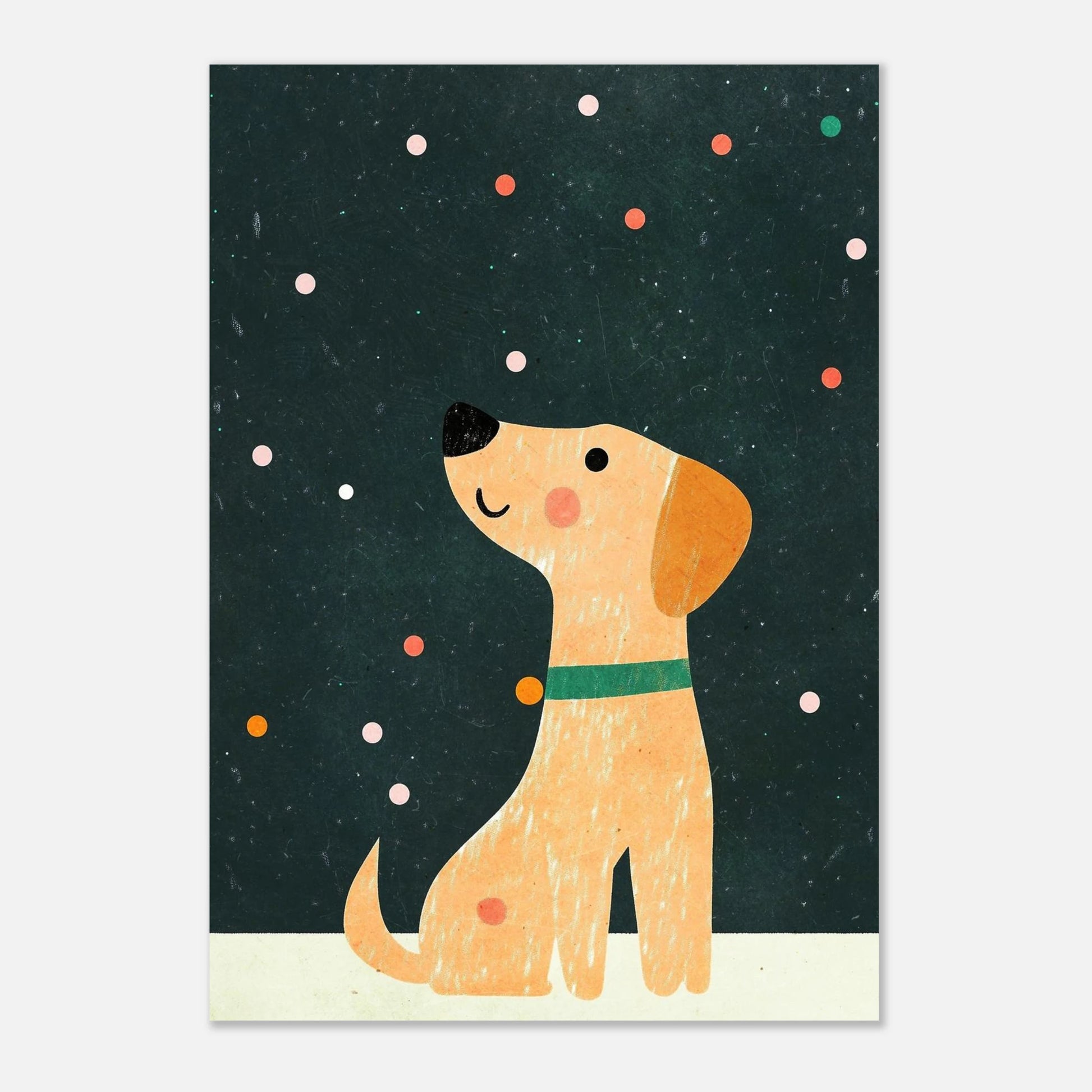 Barnposter med en charmig hund i varmbeige toner och prickig dekor