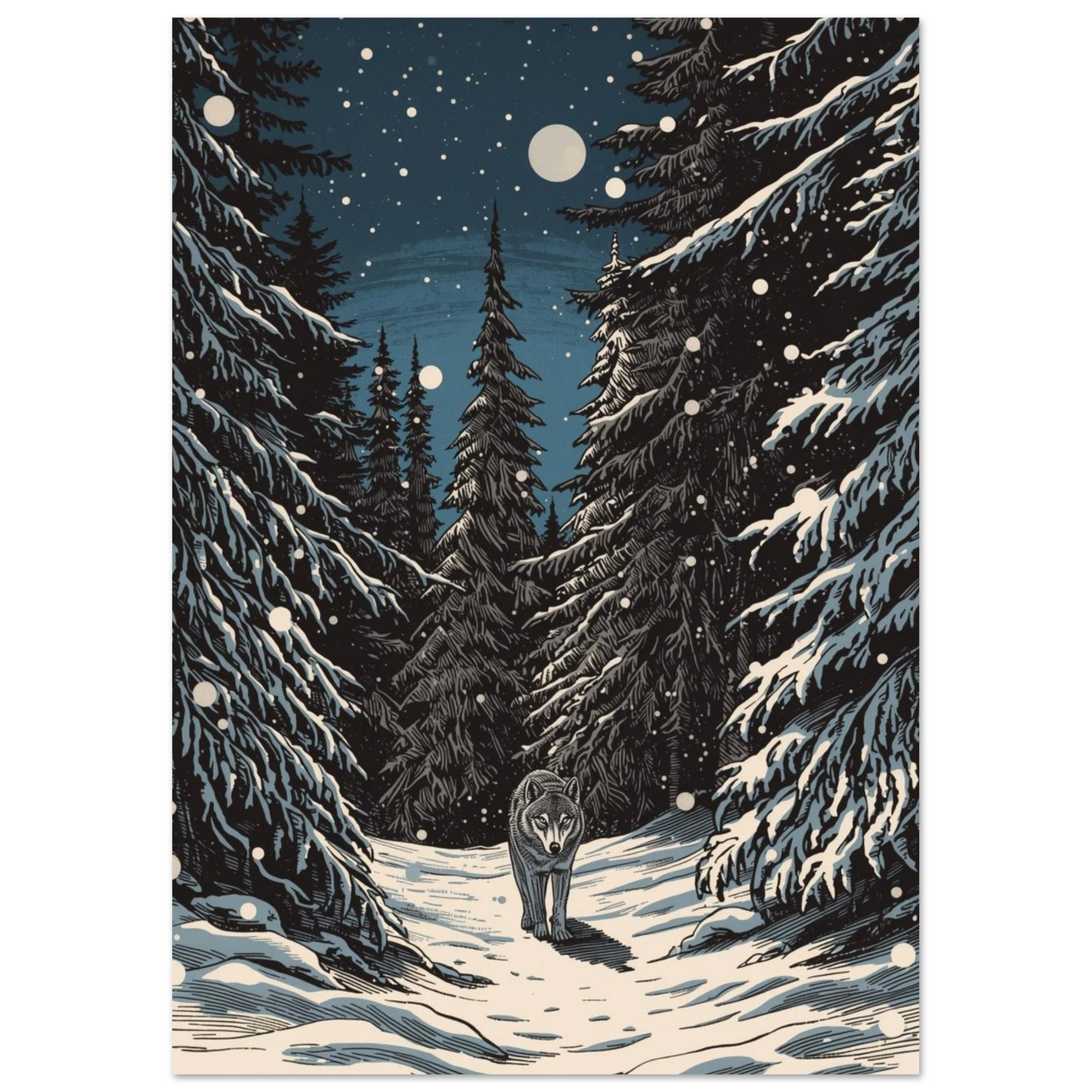 Vargposter i illustrativ stil med snötäckta träd och lysande måne