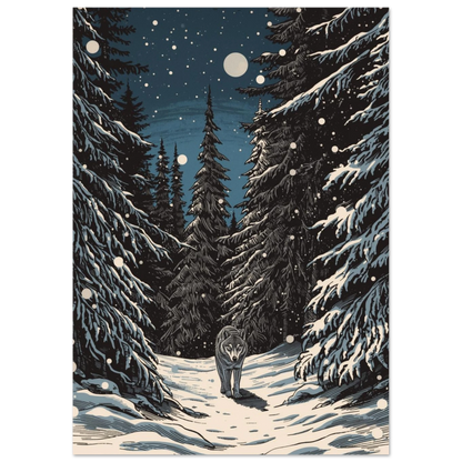 Vargposter i illustrativ stil med snötäckta träd och lysande måne