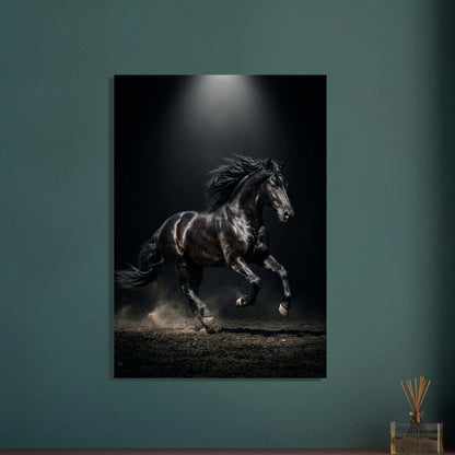 Svart häst i full galopp, manen flödar, dramatisk belysning, kraftfullt djurmotiv.
