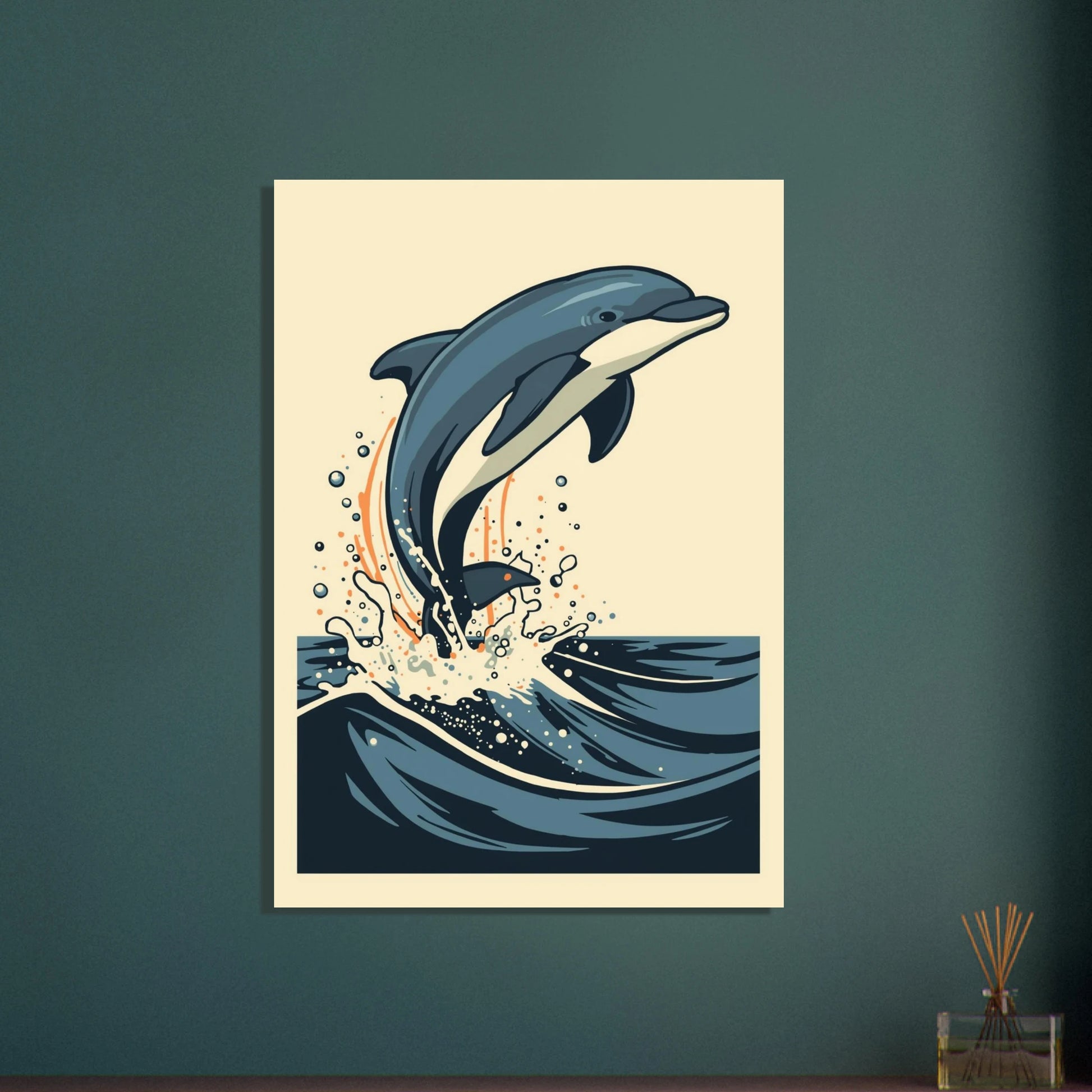 Lekfull delfin som hoppar ur havet, stiliserad illustration