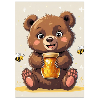 Liten björnunge som håller i honung, omgiven av flygande bin