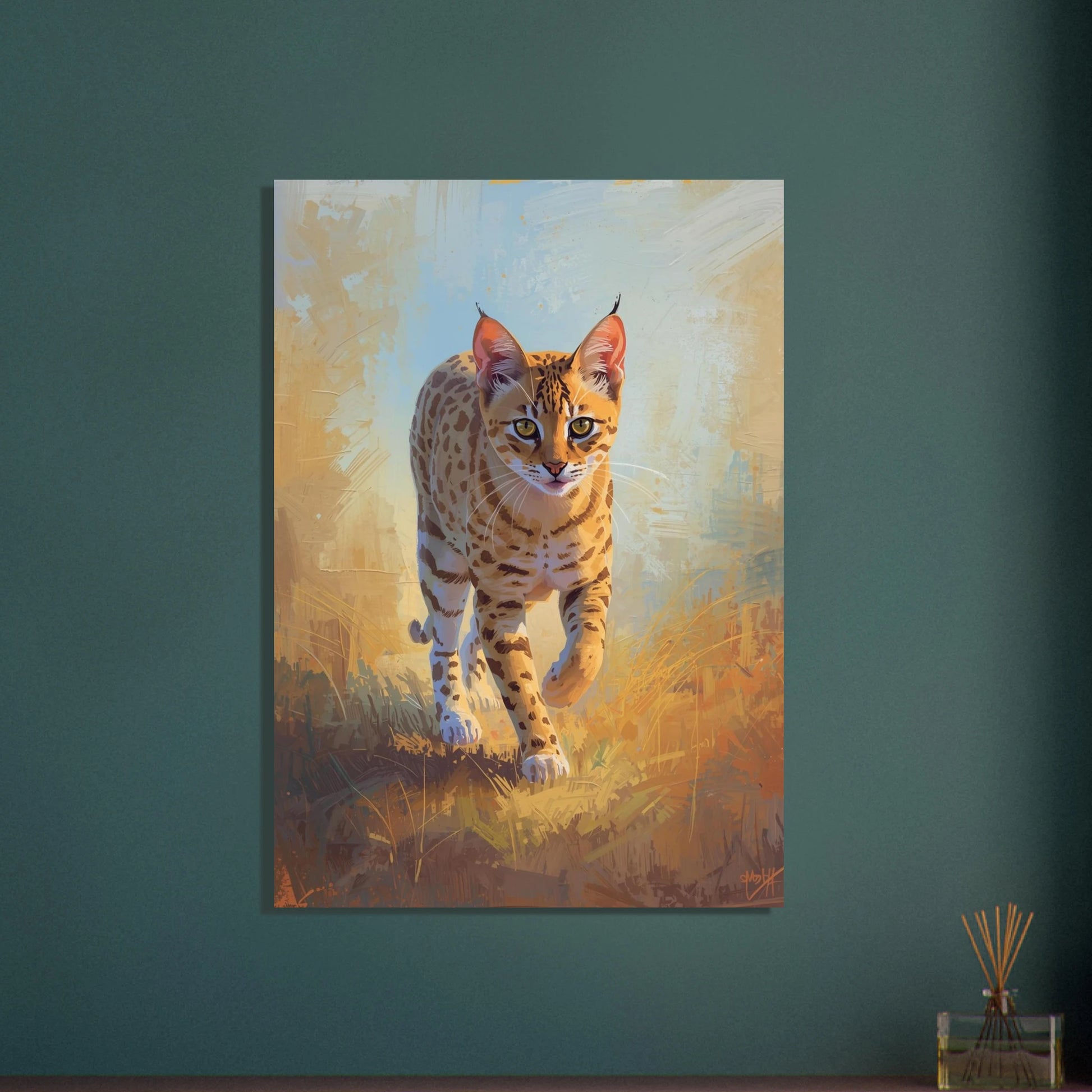 Serval i savannlandskap, målad med livfulla färger och dynamisk penselföring.
