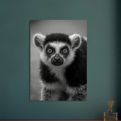 Lemur med intensiv blick i svartvitt, närbild