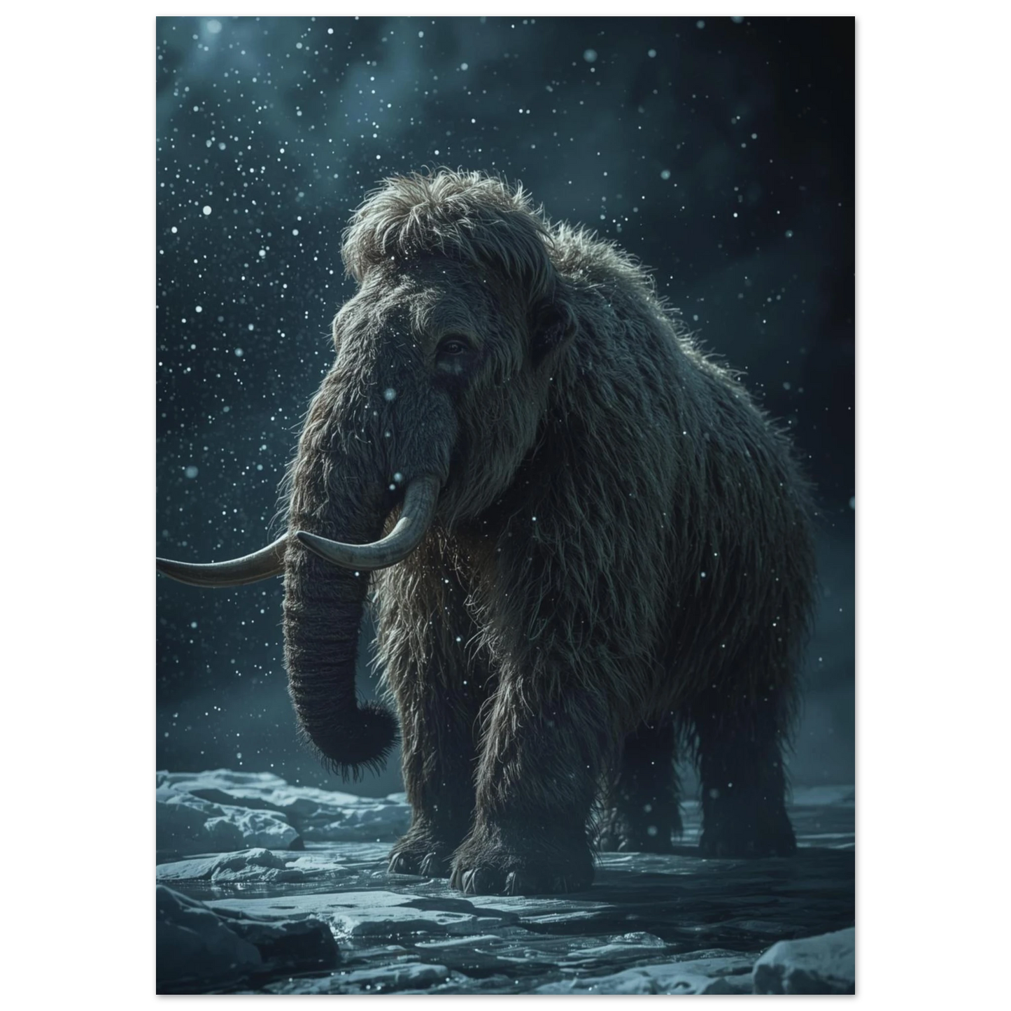Närbild på förhistorisk mammut med stora betar, isig naturposter