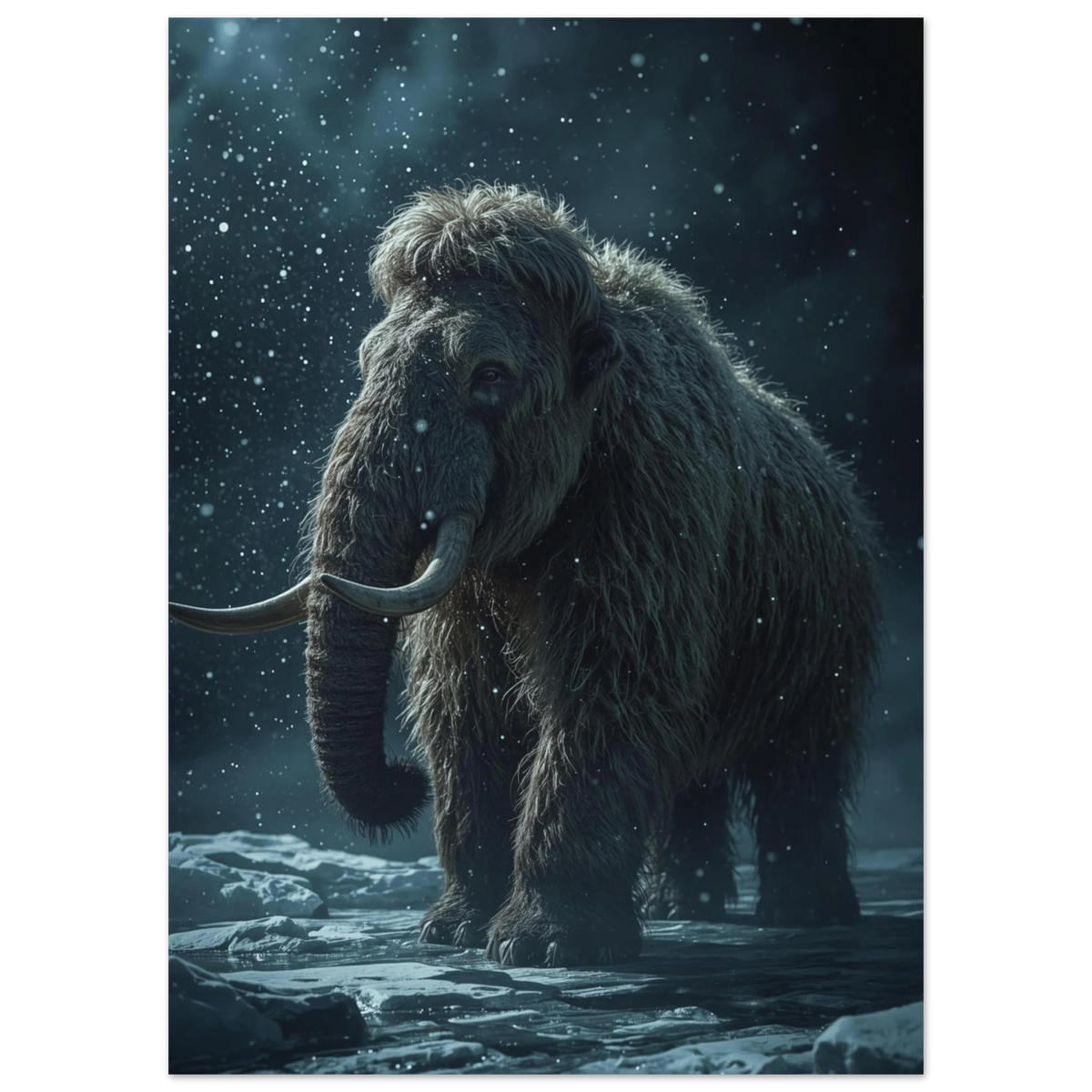Närbild på förhistorisk mammut med stora betar, isig naturposter