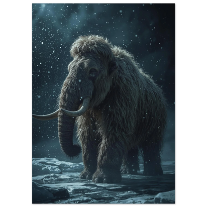 Närbild på förhistorisk mammut med stora betar, isig naturposter