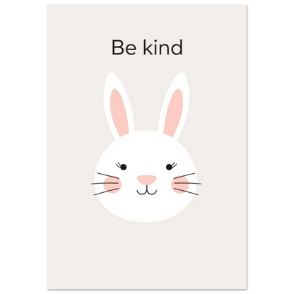 Vit kanin med rosa kinder och texten Be Kind – barnposter