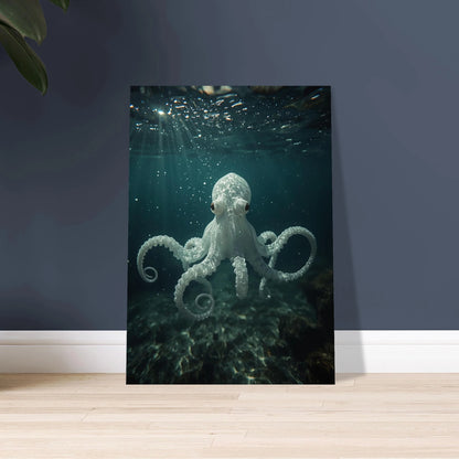 Albino bläckfisk svävar i havets djup, eterisk och mystisk.