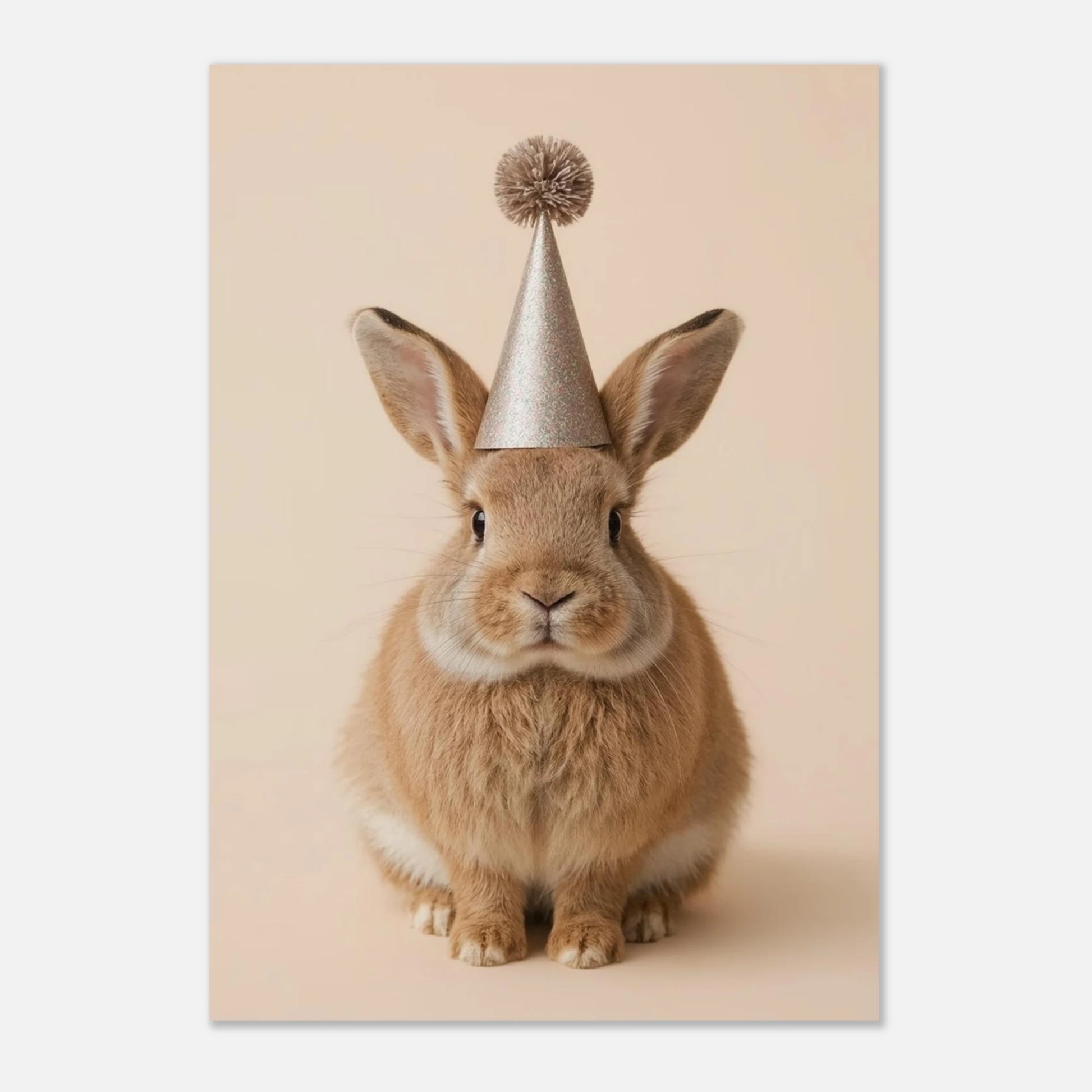 Charmig kaninposter med party-tema, mjuk ljussättning och neutrala färger