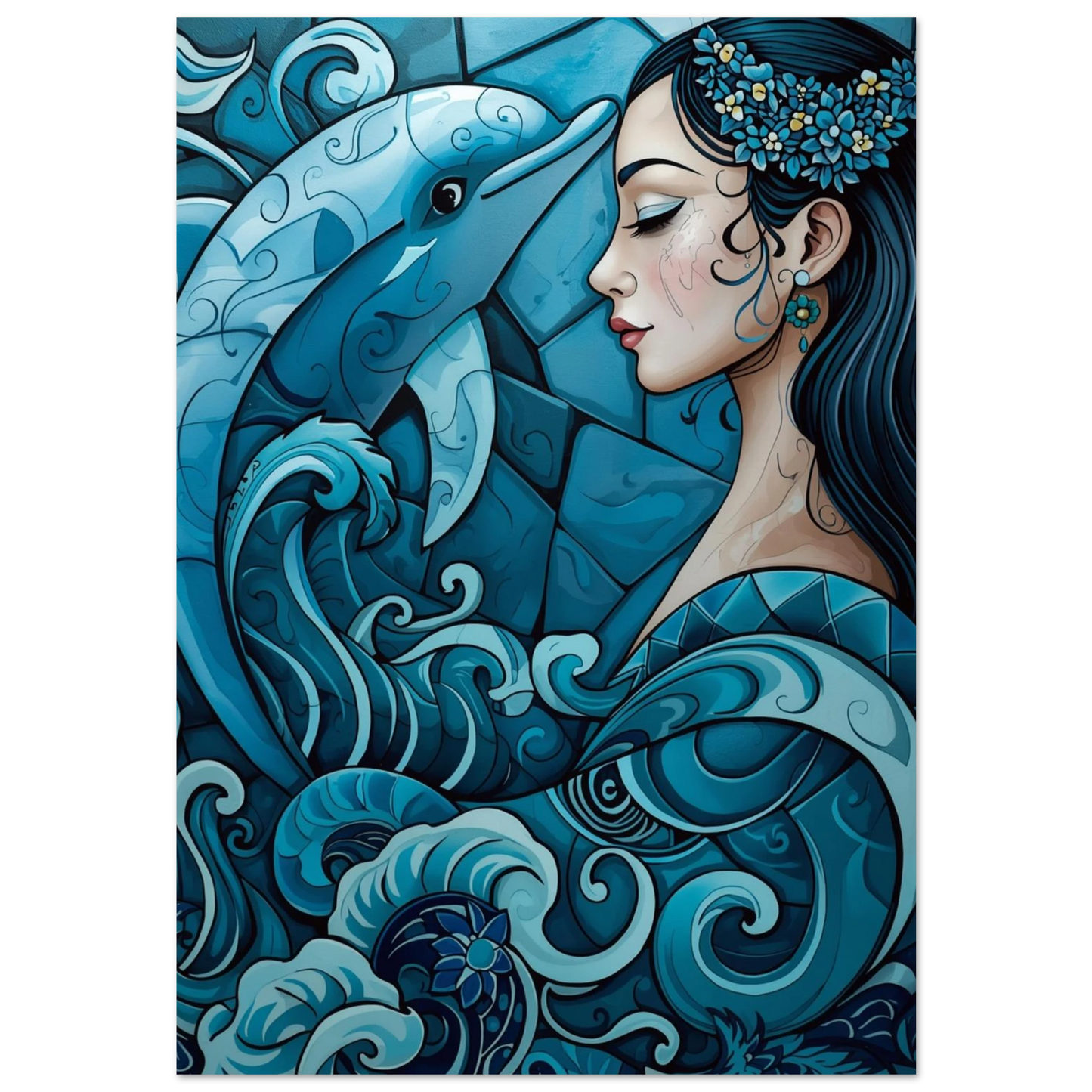 Blå delfin och kvinna i böljande mönster – konstnärlig marin poster