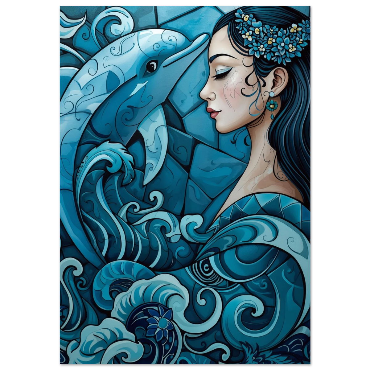 Blå delfin och kvinna i böljande mönster – konstnärlig marin poster