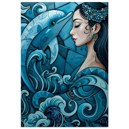 Blå delfin och kvinna i böljande mönster – konstnärlig marin poster