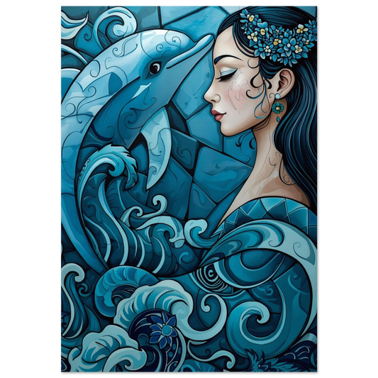 Blå delfin och kvinna i böljande mönster – konstnärlig marin poster
