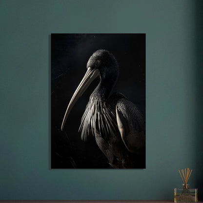 Träskonäbb i dramatisk sidobelysning, mystisk och detaljerad fågelposter.
