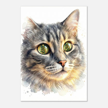 Väggkonst med kattmotiv i akvarellteknik, julgranar reflekteras i stora kattögon