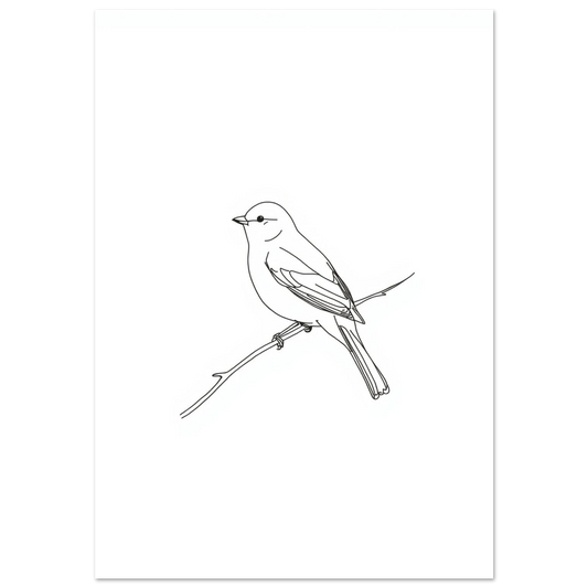 Svartvit linjeteckning av en småfågel på en gren, minimalistisk poster