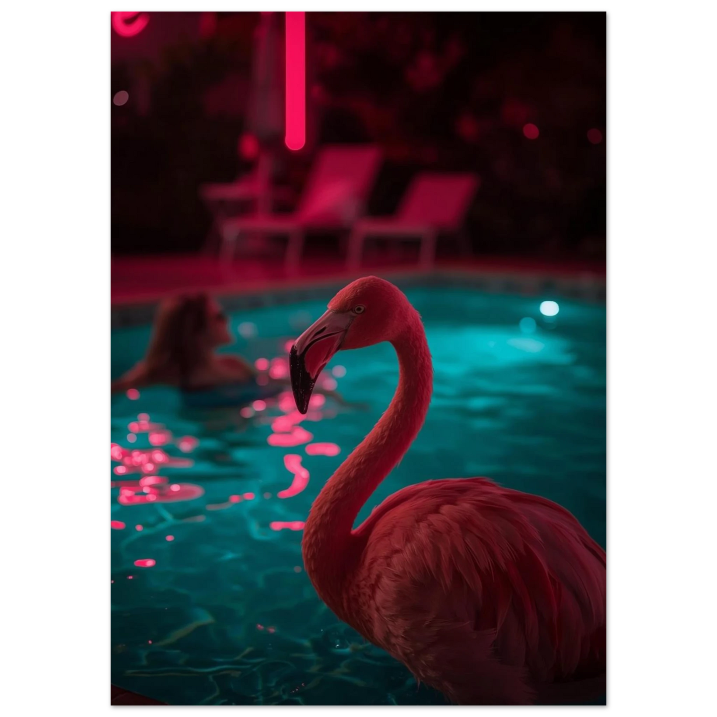 Närbild på flamingo vid poolkant i nattlig belysning – trendig fotokonst