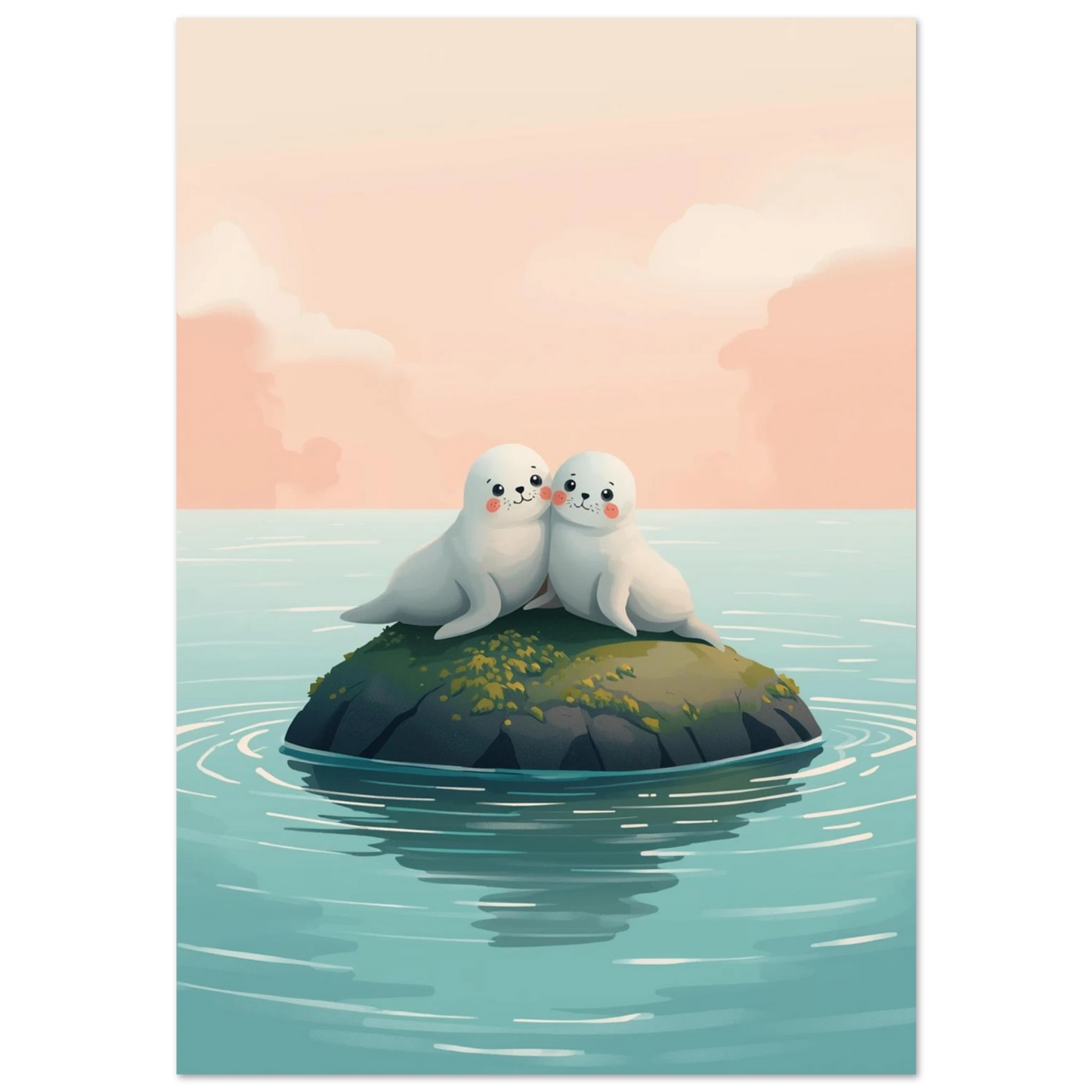 Söta sälar på en klippö i havet, mjuk digital illustration