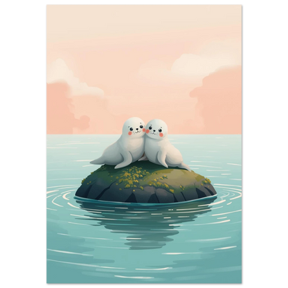 Söta sälar på en klippö i havet, mjuk digital illustration