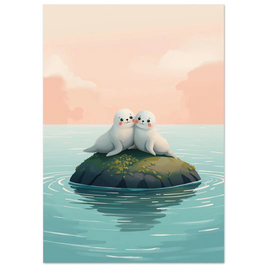 Söta sälar på en klippö i havet, mjuk digital illustration