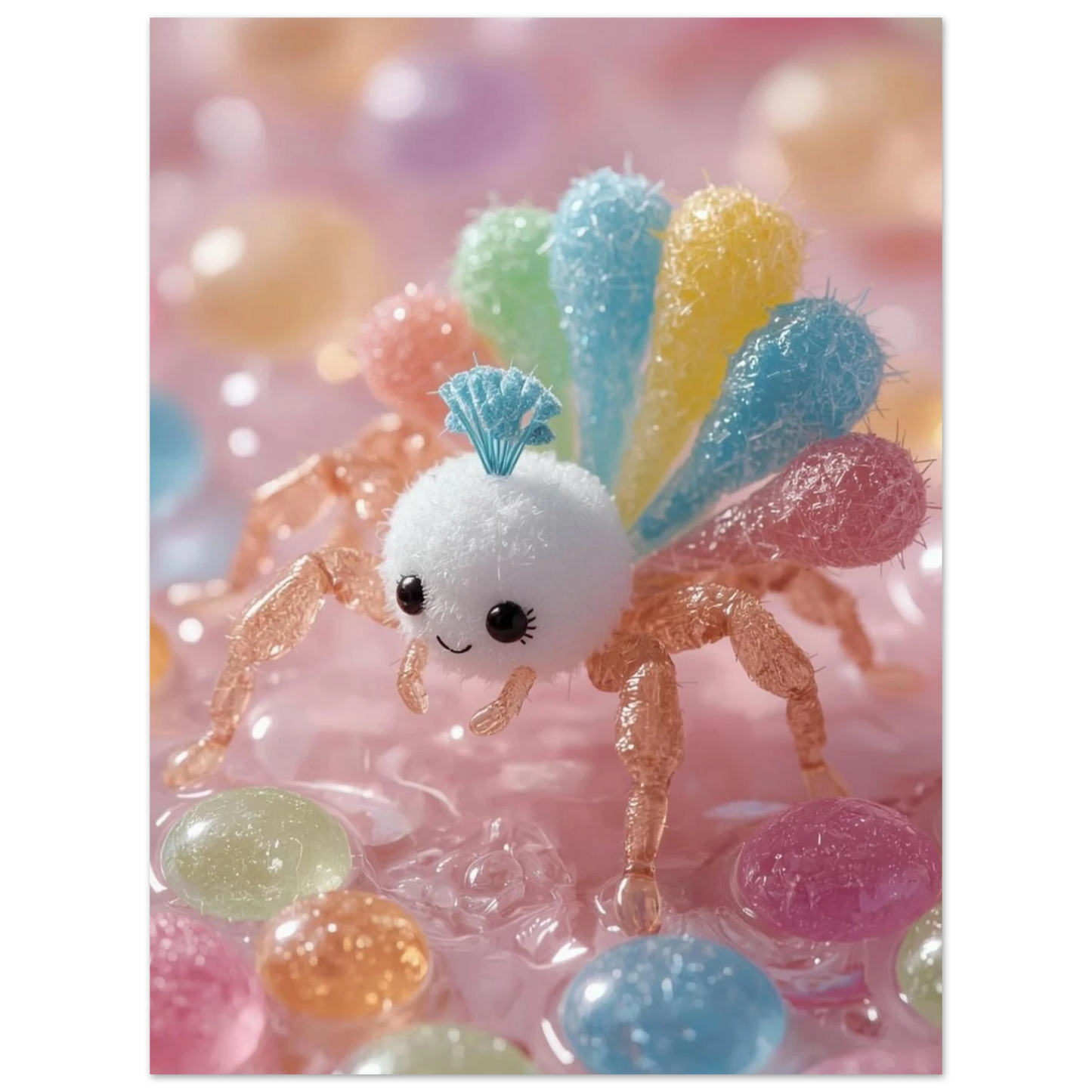 Fantasifull spindelfigur skapad av sockerliknande material i mjuka pastellfärger