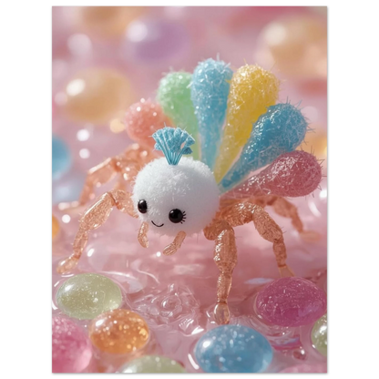 Fantasifull spindelfigur skapad av sockerliknande material i mjuka pastellfärger