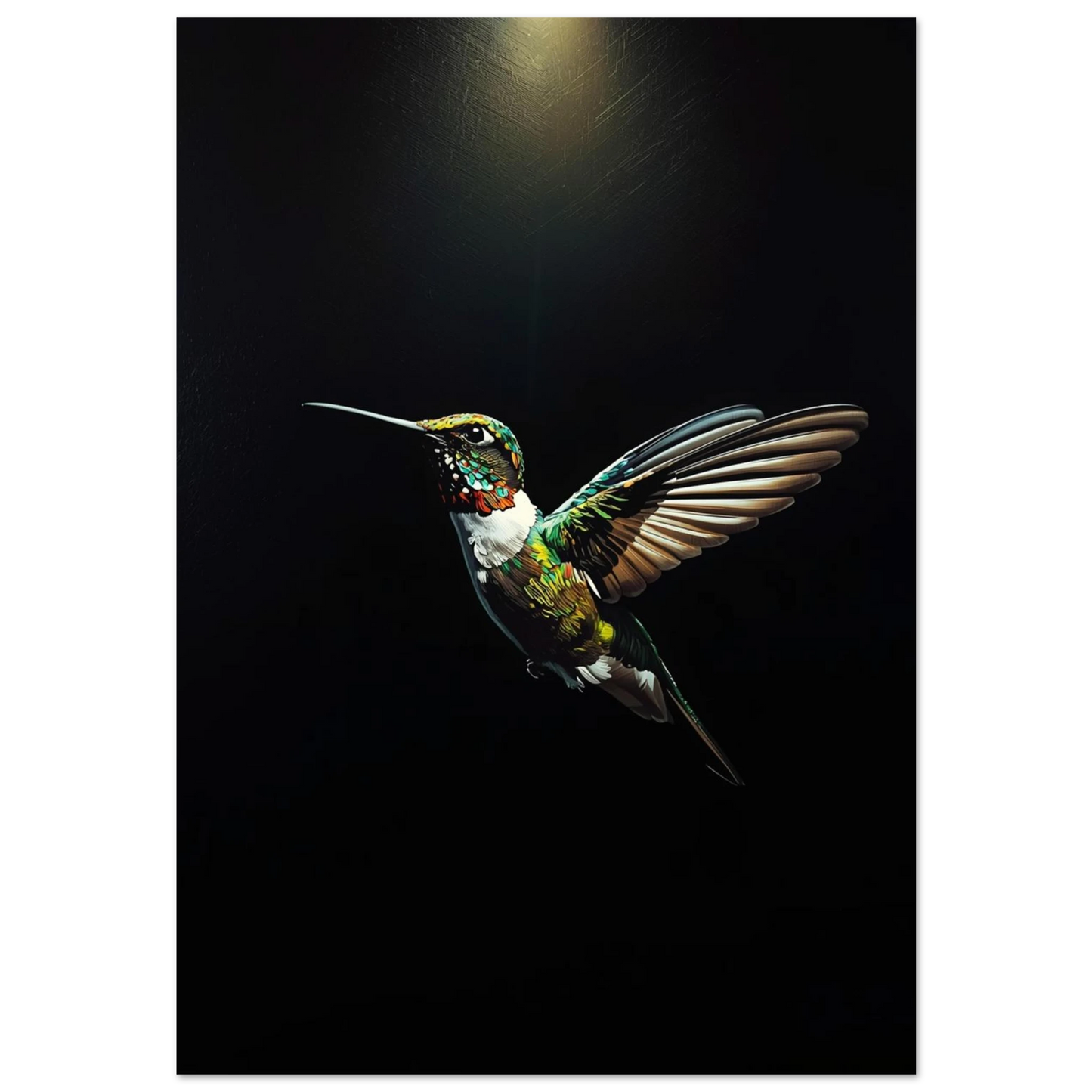 Färgstark kolibri i impastostil med skimrande fjäderdräkt mot svart bakgrund