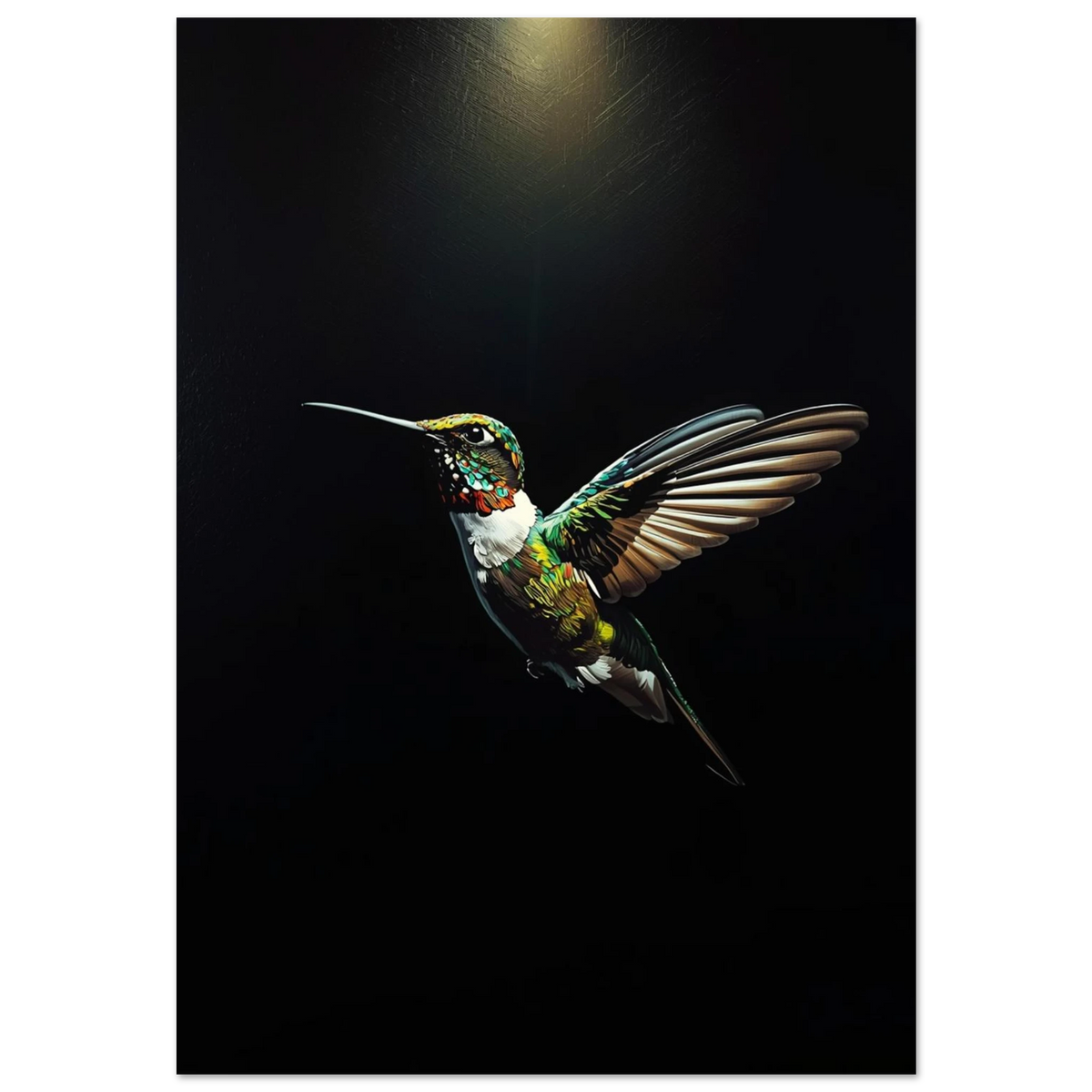Färgstark kolibri i impastostil med skimrande fjäderdräkt mot svart bakgrund
