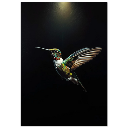 Färgstark kolibri i impastostil med skimrande fjäderdräkt mot svart bakgrund