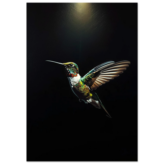 Färgstark kolibri i impastostil med skimrande fjäderdräkt mot svart bakgrund