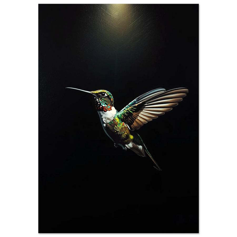 Färgstark kolibri i impastostil med skimrande fjäderdräkt mot svart bakgrund