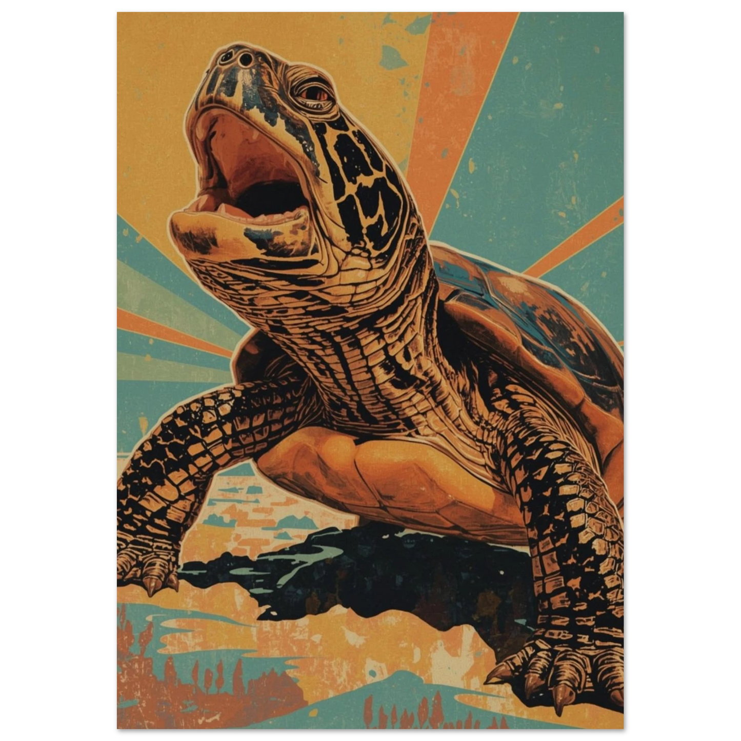 Detaljerad poster med en sköldpadda i dynamiskt perspektiv och pop art-känsla